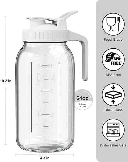 64oz Glass Pitcher, 2 Quart Mason Jar Pitcher