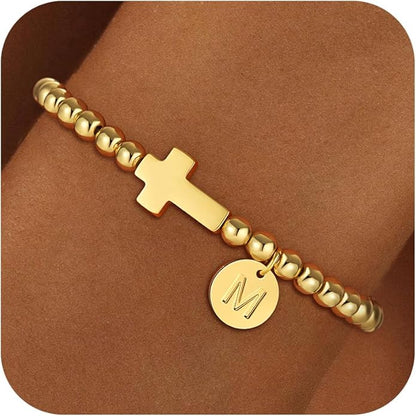 Gold Initial Bracelets for Women Girls Kids, Dainty 18K Gold Plated Cross Initial Bracelet Non Tarnish Beaded Bracelets Personalized Birthday Gifts for Women Girls Jewelry