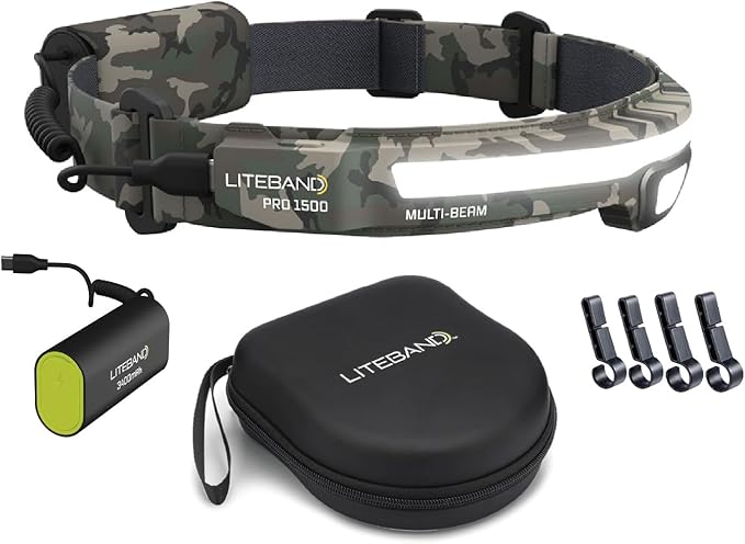 Liteband PRO Bundle 1500 Lumens LED Headlamp Rechargeable Battery Powered, Bright Tactical Head Lamp Flashlight Hard Hat Light, Mechanic Lamps, Camping, Running, Best Rated For Forehead, Camo