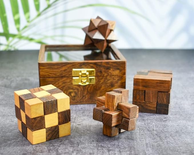 Ajuny Wooden Puzzles Box Set (4 Games) Brain Teaser for Teens & Adults, IQ Test Interlocking 3D Puzzles, Handcrafted Rustic Patio Decor, Unique Gift for Christmas and Birthdays