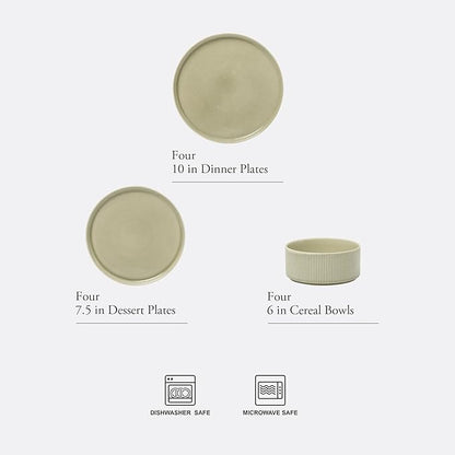 Gibson Elite Solana Coast 12 Piece Stoneware Reactive Glaze (Service for 4) Ceramic Plates and Bowls Modern Shape Embossed Dinnerware Set - Green