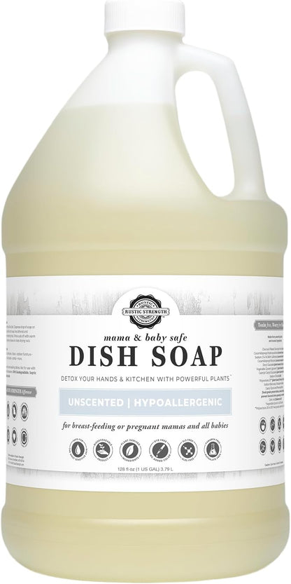Rustic Strength Natural Dish Soap, Unscented, 1 Gallon Plastic | Gentle on All Skin, Concentrated and fragrance free, Biodegradable Plant-Based Formula