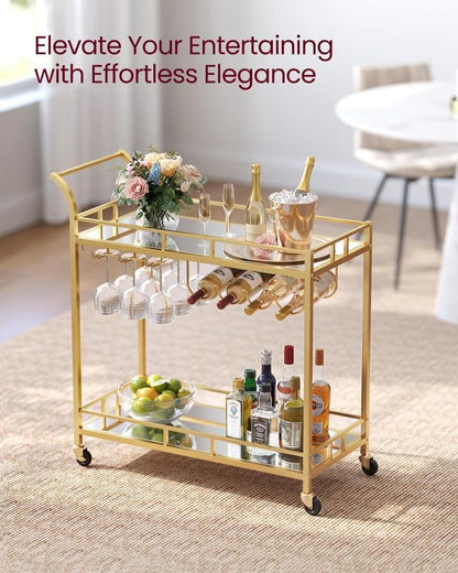 VASAGLE Bar Cart with 2 Mirrored Shelves, Wine Holders, Glass Holders