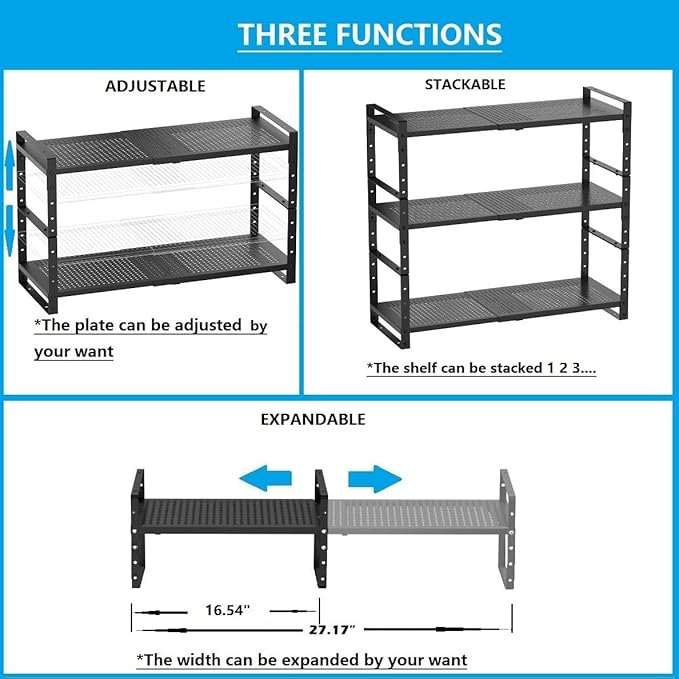 Expandable,Adjustable & Stackable Spice Rack, Cabinet Kitchen Countertop Shelf Organizer,Metal Pantry Storage Shelves - Space-Saving Storage Solution(1Pack/Black/Large)