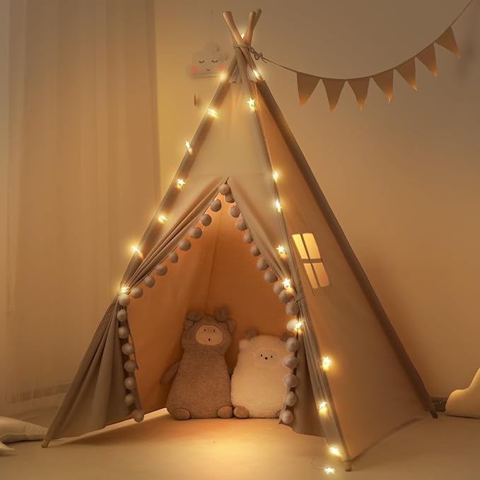 Kids Teepee Tent with Lights &Large Pompoms & Carry Bag, Machine Washable Tent for Kids Indoor, Toddler Teepee for Girls & Boys（Without Mat）