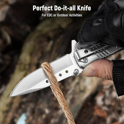Pocket Knife for Men - 2.98" Sharp Blade Wood Handle Pocket Folding Knives with Clip, Glass Breaker - Small EDC Knives for Survival Camping Hunting Fishing Hiking Women, Silver