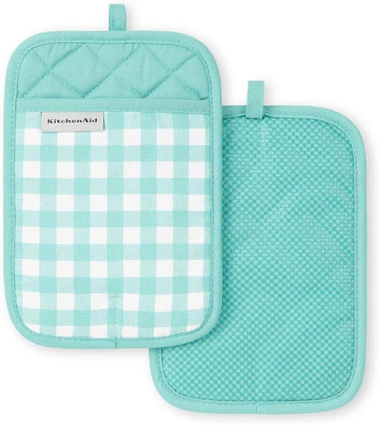 KitchenAid Gingham Pot Holder 2-Pack Set, Aqua Sky