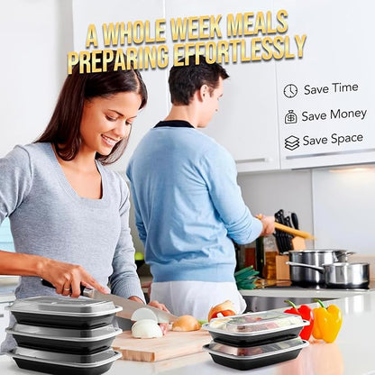 100-Piece (50-Pack) 16 OZ Meal Prep Containers Reusable with Lids, Sturdy Leakproof & Food Safe, Microwave, Freezer, Dishwasher Safe To Go Food Containers, Plastic Take Out Containers, Black