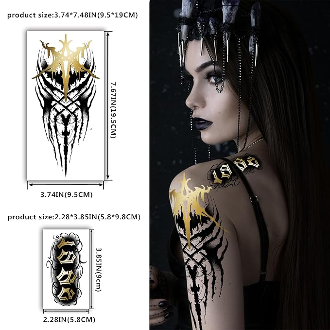 42 Sheets Metallic Gothic Temporary Tattoo for Women Men, 12 Half Arm Golden Skull Cat Floral Fake Tattoos, 30 Black Glitter Rose Butterfly Spider Halloween Tiny Adult Kid Body Tattoos Stickers