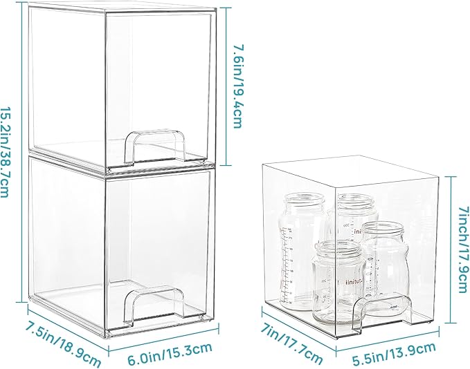 Vtopmart 7.6" H Clear Stackable Storage Drawers, 4 Pack Plastic Organizers Bins