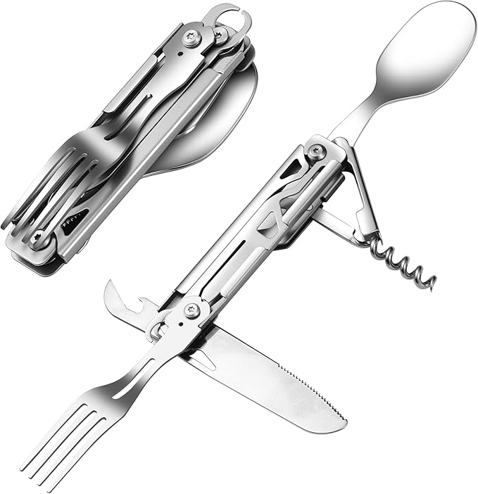 Camping Utensils, 6-In-1 Detachable Stainless Steel Camping Flatware Multi-tool kits with Spoon Fork Knife Corkscrew Bottle&Can Opener, Folding Portable Cutlery Set for Travel Hiking Picnic