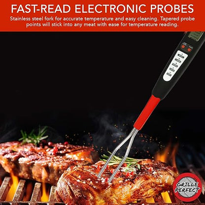 Digital Meat Thermometer Fork for Grilling and Barbecue Fast Read Electronic Probes with Ready Alarm Quick Accurate BBQ Temperature for Steak Chicken Hot Grilled Food