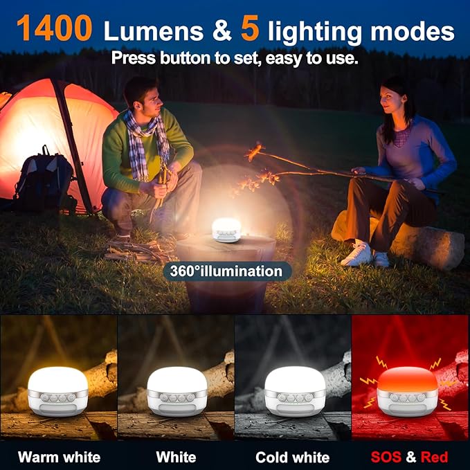 LED Camping Lantern Rechargeable 1400LM, Up to 420H Running Time Camping Tent RGB Light, 10400mAh Emergency Hanging Light for Hurricane, Power Outages, Home, Hiking, White