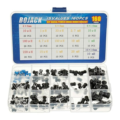 BOJACK 15 Values 160 Pcs Inductor 10 uH to 20 mH DIP Radial Power Choke Inductors Assortment Kit