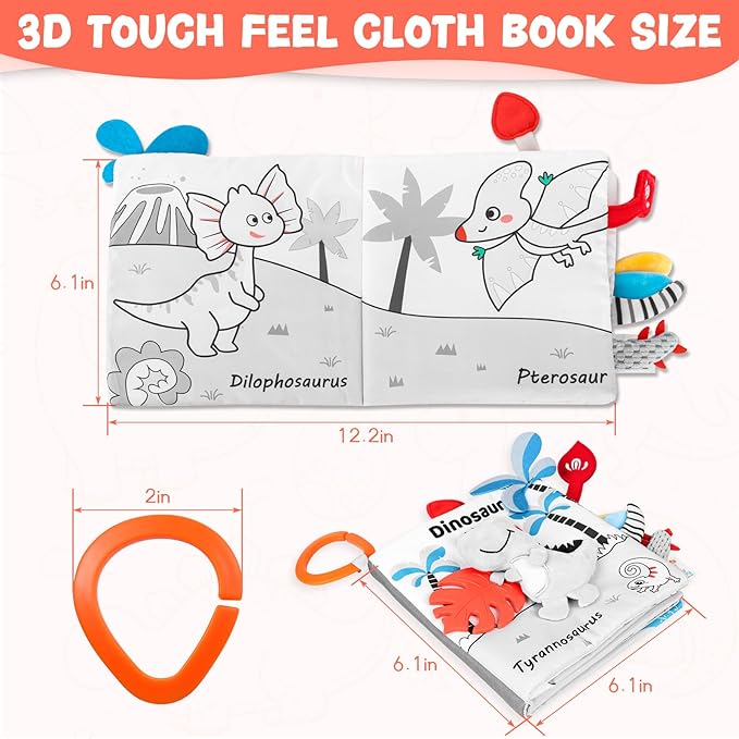 Dinosaur Fabric Book- Crinkle Sound, Touch & Feel, Press Squeaker with Soft Tail Plus Teether Feature - Baby Books Toys for Newborn Infants 0-12 Months (Teether Safe, Machine Washable)