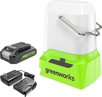 Greenworks 24V Cordless Lantern, Portable 500 Lumens Camping Light with Hook and Two USB Output Ports, 3 Modes, Mini Area Light with 2Ah Battery and Charger