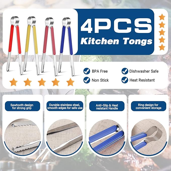4Pcs Stainless Steel Kitchen Tongs