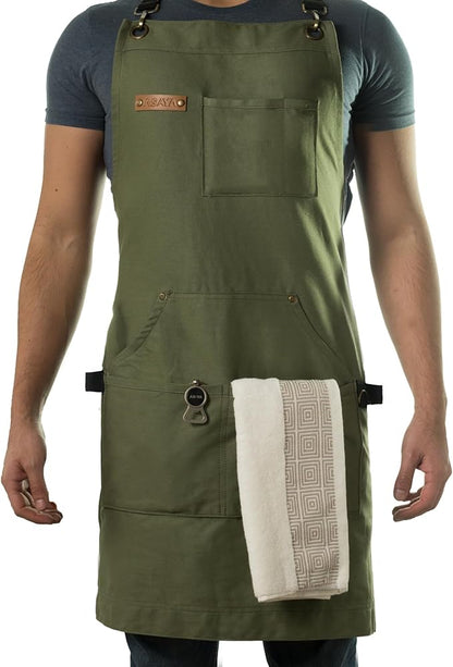 Asaya Chef and BBQ Apron with Bottle Opener and Hand Towel - 10oz Cotton Canvas