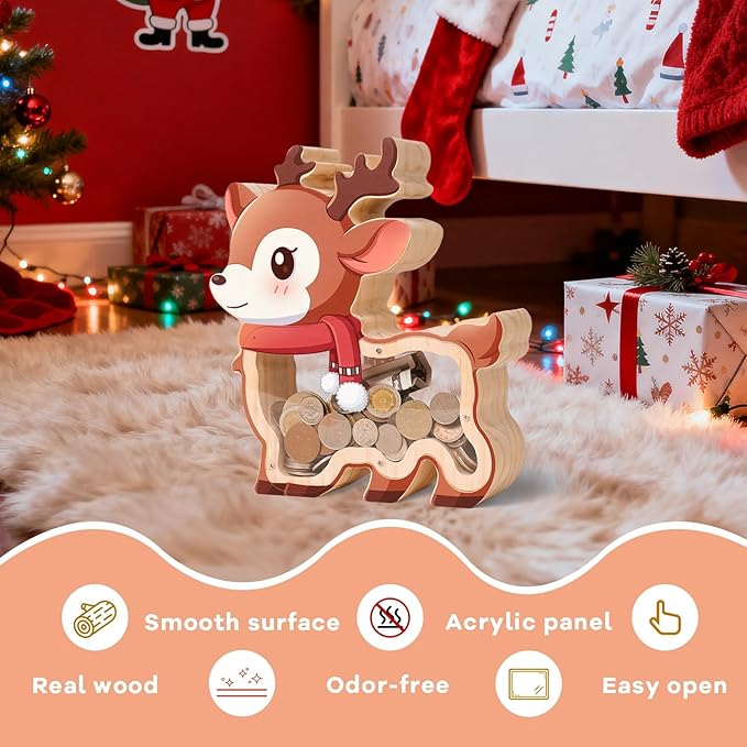 Wooden Reindeer Piggy Bank for Kids, Christmas Deer Money Bank for Boys Girls Toddler, Unbreakable Kids Money Box with Letter Sticker, Large Saving Coin Jar for Xmas Home Holiday Décor