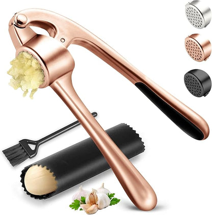 Kitchen Garlic Press, Rust Proof & Dishwasher Safe Garlic Mincer, Durable Garlic Crusher Set with Peeler＆Brush, Easy to Clean and Squeeze, Copper