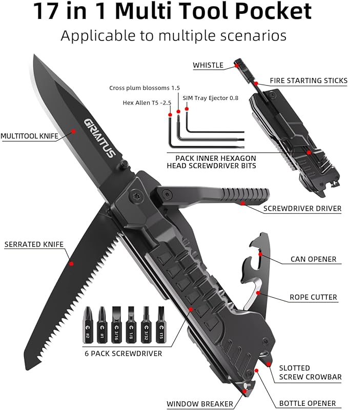 Multitool Knife 17 in 1Fire Starting Sticks, Bottle Opener, Saw Screwdrivers Bottle Opener, Whistle, Window Breaker and More -Perfect for Camping, Outdoor, Survival and Everyday Use,Gifts for Men Dad