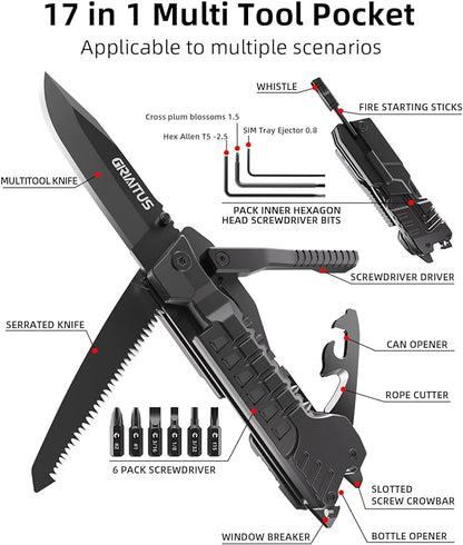 Multitool Knife 17 in 1Fire Starting Sticks, Bottle Opener, Saw Screwdrivers Bottle Opener, Whistle, Window Breaker and More -Perfect for Camping, Outdoor, Survival and Everyday Use,Gifts for Men Dad