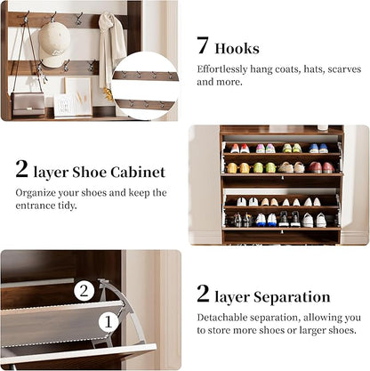 Shoe Cabinet for Entryway with 2 Flip Drawers & Coat Rack, Narrow Hidden Shoe
