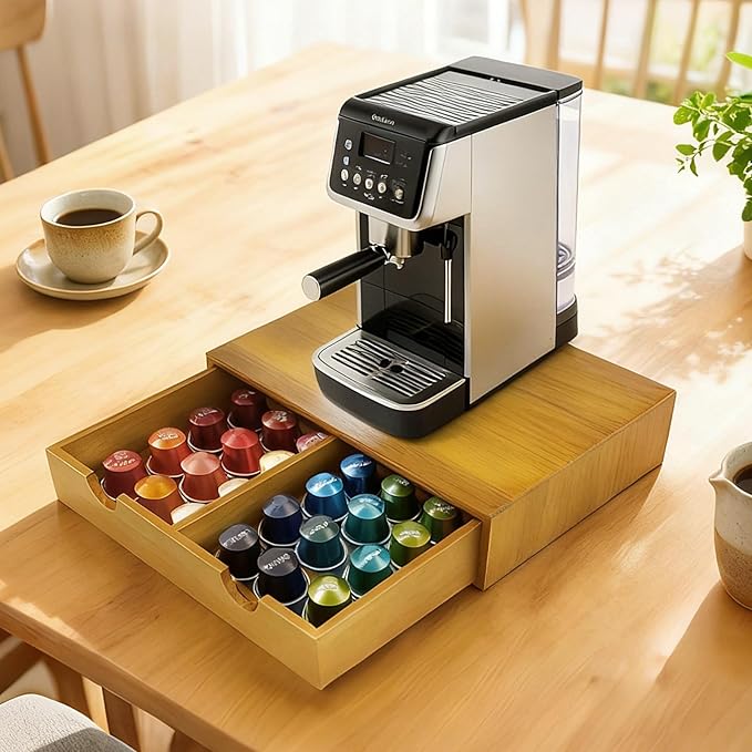 Coffee Pod 15" X 11" X 3" Natural Wood Countertop Organizer Drawer, Counter Top