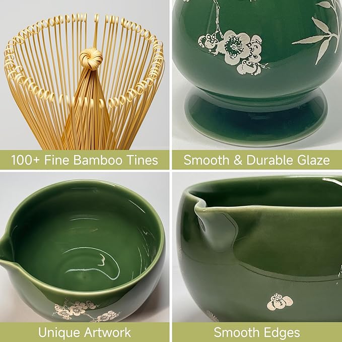 Matcha Whisk Set with Ceramic Bowl - Bamboo Whisk (Chasen), Scoop, Sifter & Holder - Complete Kit for Traditional Matcha Tea - Unique Gifts for Tea Lovers (Celadon Veil)