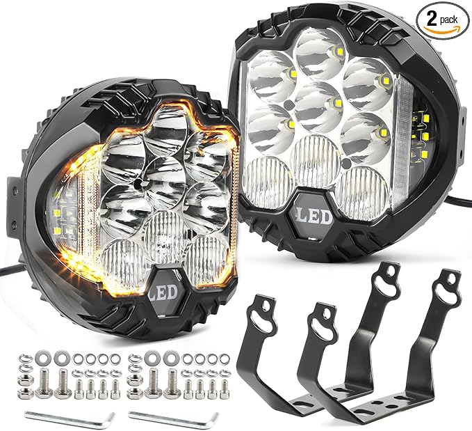 LIGBT 2PCS 7 Inch Round LED Offroad Light with DRL 90W LED Off Road Lights Super Bright Driving Spot Light Bar with Amber DRL Side Shooter Lights Waterproof 12V 24V for Pickup Trucks SUV UTV