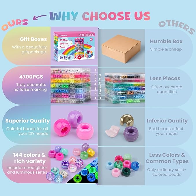 Gionlion 7 Boxes Pony Beads Bracelet Making Kit, 144 Colors 4700Pcs 6x9mm Kandi Rave Beads, Friendship Bracelet Kit with 800Pcs Letter Bead for DIY Jewelry, Keychains, Arts and Crafts for Kids Girls