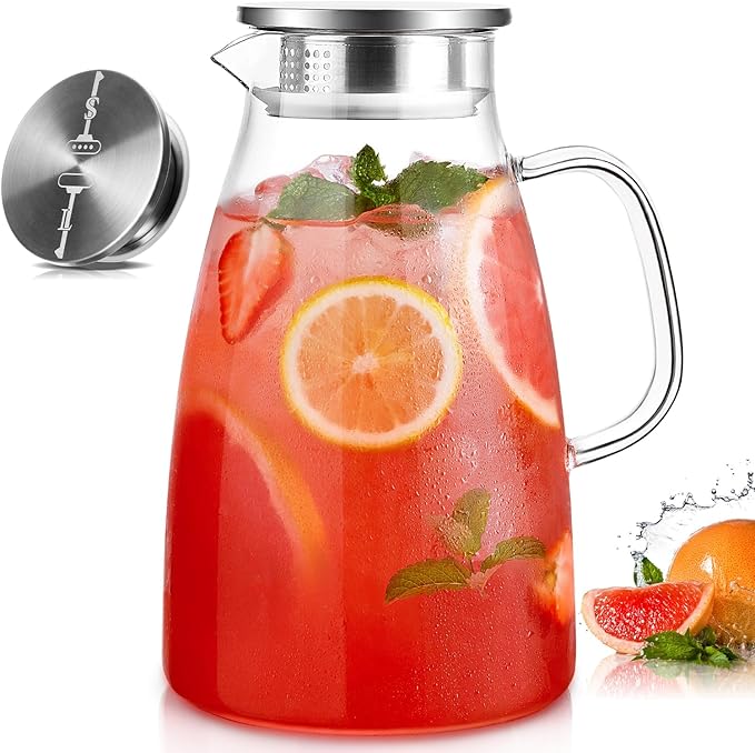 Glass Pitcher with Lid, 1 Gallon 128oz Water Pitcher with Handle and Spout