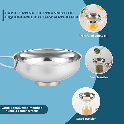 Stainless Steel Wide-mouthed Kitchen Funnel, 2 Sets