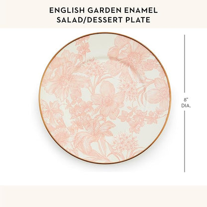 MACKENZIE-CHILDS Enamel Salad and Dessert Plate, Small Plate for Appetizers or Desserts, 8 Inches, Pink-and-White Rosy English Garden
