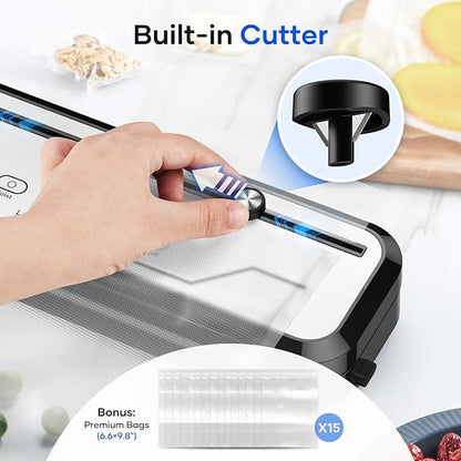KOIOS Vacuum Sealer Machine with Starter Kit, One-Touch Operation | Built-in Cutter | Dry & Moist Modes | Compact Design | Vacuum Sealer for Food Preservation, Freezer Storage & Meal Prep