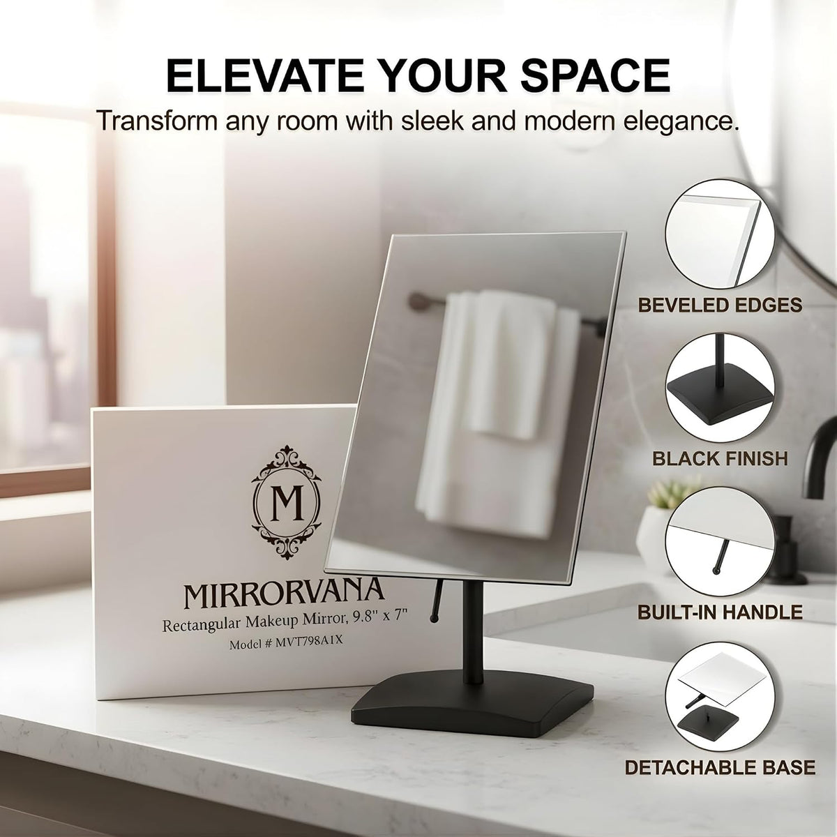 Large Adjustable Table Desk Mirror with Stand, 9.8" x 7" (Black) | Personal Face Mirror Fits Vanity, Bathroom Countertop, or Office Desktop with Stable Base for Styling, Makeup & Daily Care