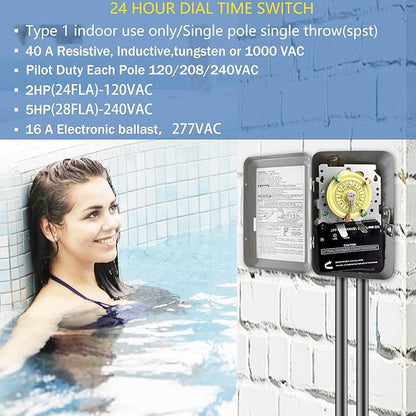 T101M Pool Timer Mechanism Only, Pool Pump Timer, 120V 2HP SPST 40A Time Switch