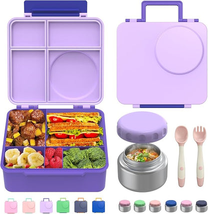 Bento Box for Kids - Leak-Proof Bento Lunch Box with Insulated Thermos Food Jar - 4 Compartments, 1 Removable Divider, 1Spoon, 1 Fork - Dishwasher Safe, BPA-Free (Light purple)