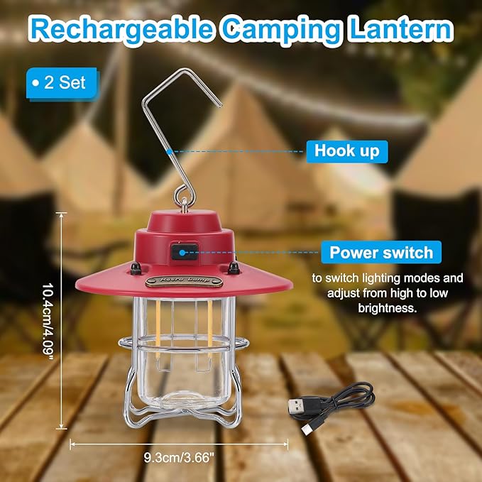 PATIKIL LED Camping Lantern, 2 Pack Vintage Rechargeable Lantern 3 Light Modes Portable Hanging Outdoor Tent Light for Camping, Hiking, Fishing, Red 3.66 Inch