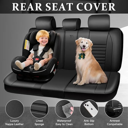 CAR PASS Back Seat Covers, Nappa Leather Rear Seat Bench Cushion Lined Sponge Waterproof Breathable PU Split Back Row Protector Universal Fit for Car Vehicle Sedan SUV Pickup Truck, Back Rear Seats