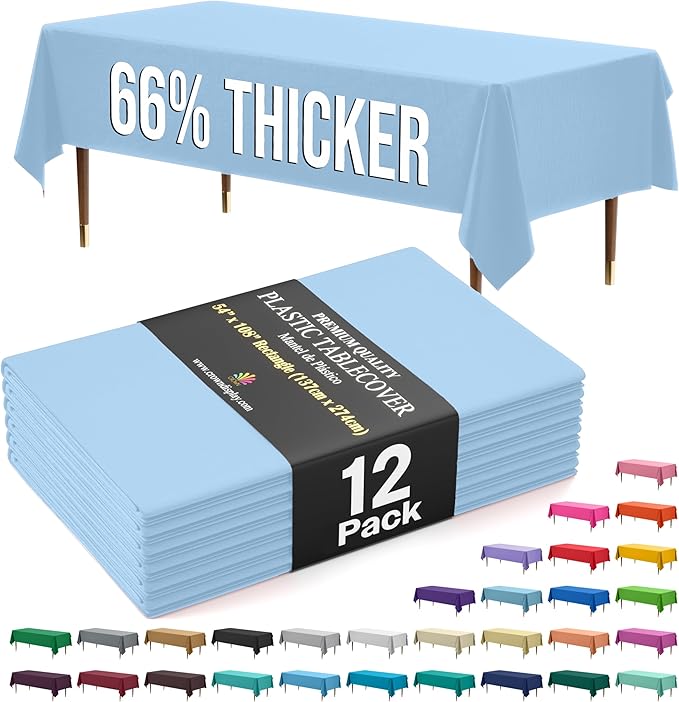 Party Solids 66% Thicker Premium Plastic Table Cloth Rectangle Table Cover 0.5 Mil 12 Pack Light Blue Table Cloth 54 Inch x 108 Inch Disposable Tablecloth Won't Tear Easily Like Cheap Thin Brands