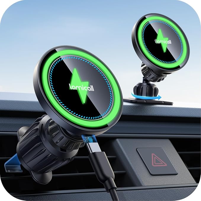 Lamicall 15W for MagSafe Car Mount Charger - [20X Strong Magnets] Wireless Car Phone Holder Charger, Magnetic Phone Holders for Car Vent Dash Accessories for Women Men for iPhone 17 Pro Max Black