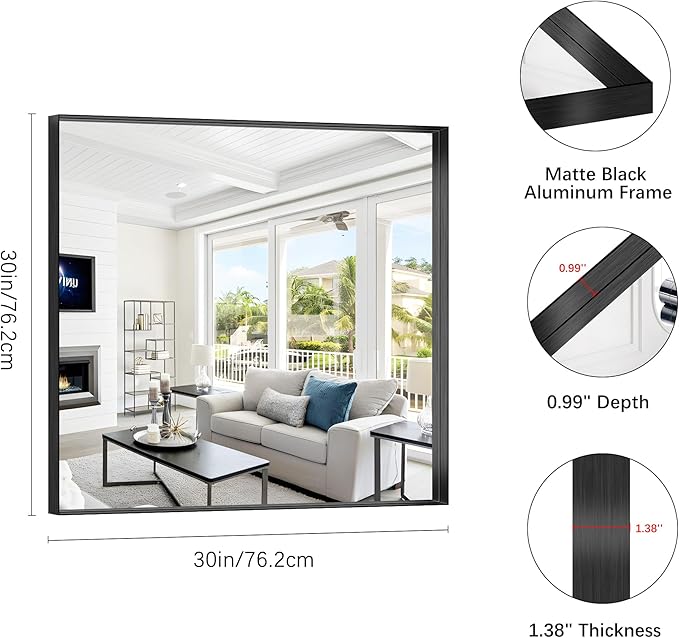 Black Bathroom Mirror, 30x30 Inch Rectangular Framed Mirror, Large Wall Mounted