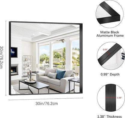Black Bathroom Mirror, 30x30 Inch Rectangular Framed Mirror, Large Wall Mounted