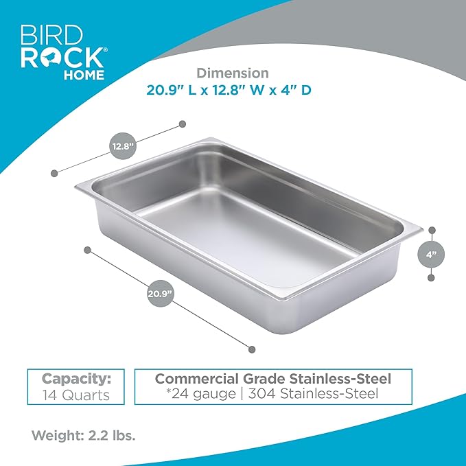 BIRDROCK HOME Stainless Steel Steam Table Pan - Hotel, Restaurant & Catering Supplies - 24 Gauge Steel, 14 qt Capacity - Meal Prep, Cooking, & Food Storage Container - 4" Depth, Full-Size (6 Pack)