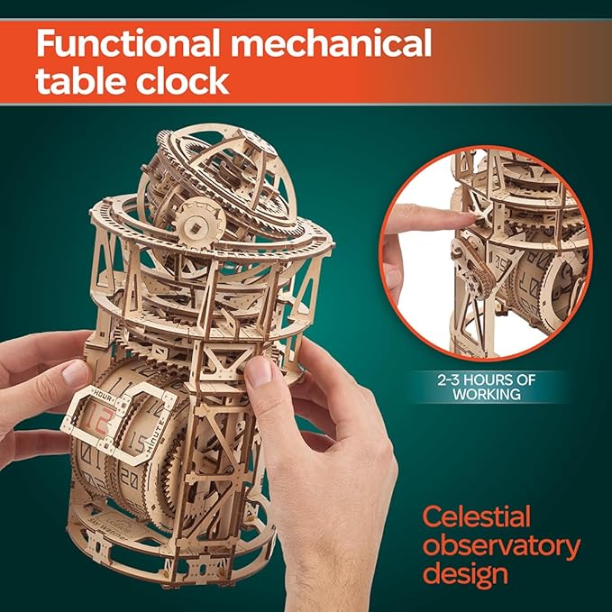UGEARS Wooden 3D Puzzles for Adults - Astronomer Table Clock with Tourbillon Model Kit - Mechanical Clock Kit Functional DIY Miniature Kit Wood Crafts for Adults - Gifts For Puzzle Lovers - 338 Pieces