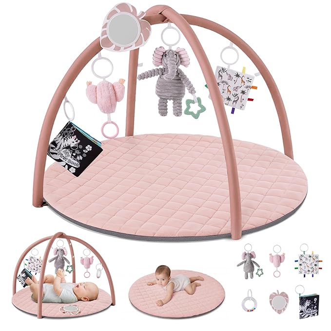 Blissful Diary Baby Play Gym Mat, Tummy Time Activity Mat with 6 Detachable Toys for Skill Development, Baby Essentials Gift, Soft Pink