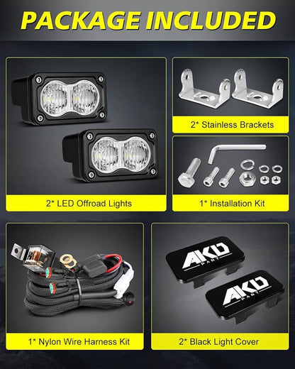 LED Pods with Wiring Harness & Black Covers 3" 40W CREE LED Driving Flood Offroad Lights Small Backup Ditch Lights 2 Packs for Trucks Motorcycle SUV UTV ATV Dirt Bike
