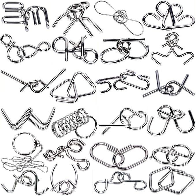 Ahyuan Metal Wire Puzzles Set of 32 with Pouch Large Thick IQ Test Mind Games Toys IQ Toys Brain Teaser Puzzles Metals Wire Puzzle Magic Trick Toy Metal IQ Puzzle Party Favors for Kids Adults (Silver)