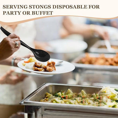 Mwellewm 48 Pcs Serving Spoons 10'' Large Plastic Serving Utensils Set Slotted Disposable Serving Forks Heavy Duty Black Party Supplies for Buffet Restaurant Dinner Salad Noodles Soup
